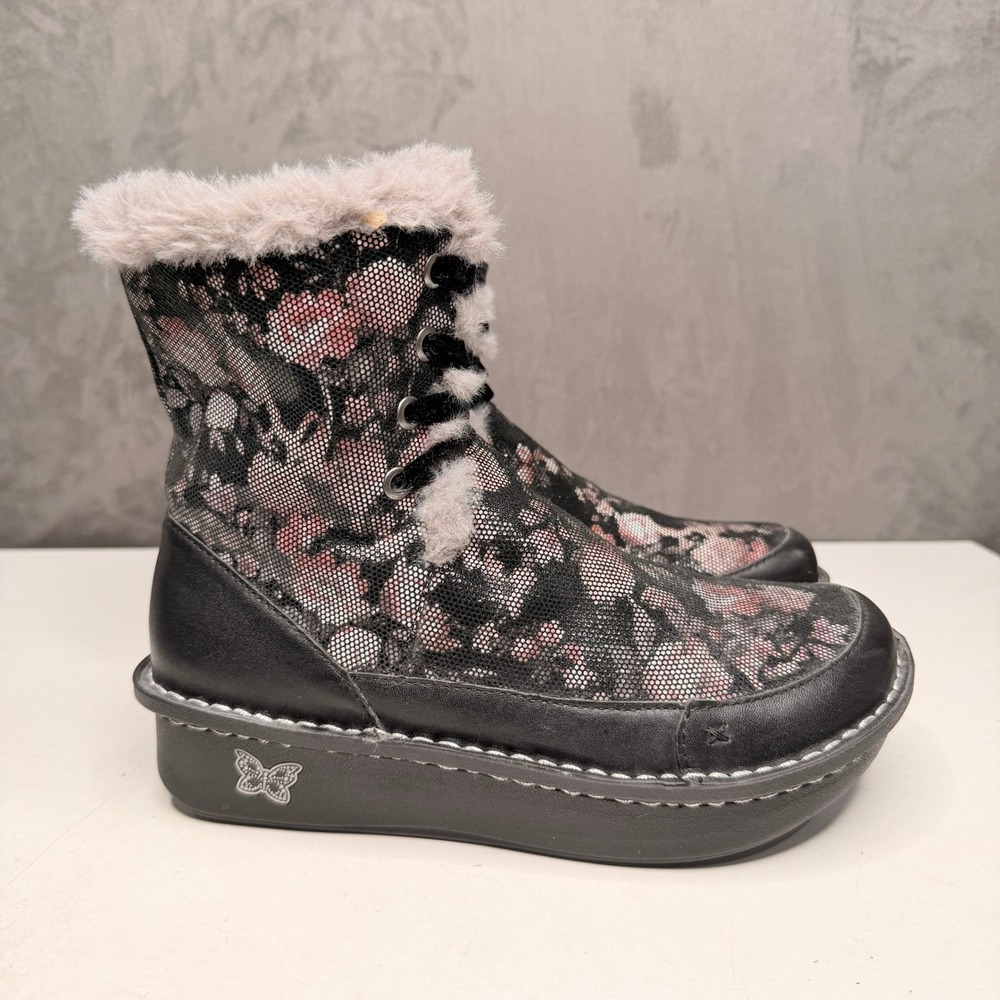 Alegria Boots Womens 37 Black Pink Floral Lace Fur‎ Trim Wedge Platform Zip New